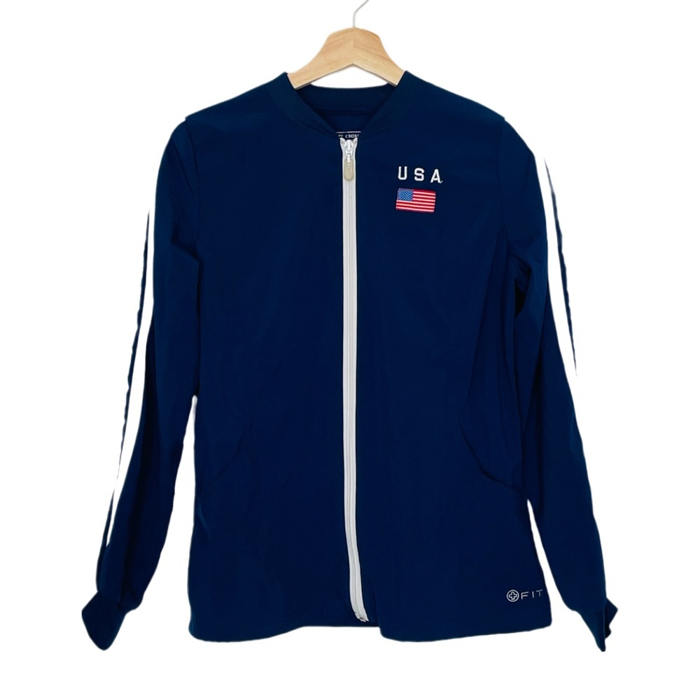 White Cross Scrubs Navy Fitted Zip Up Jacket Size XS Embroidered USA and Flag